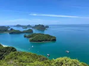 aerial shot over the island chain that forms ang thong national marine park, thailand