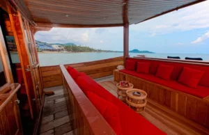 below deck lounge on the wooden yacht the red baron
