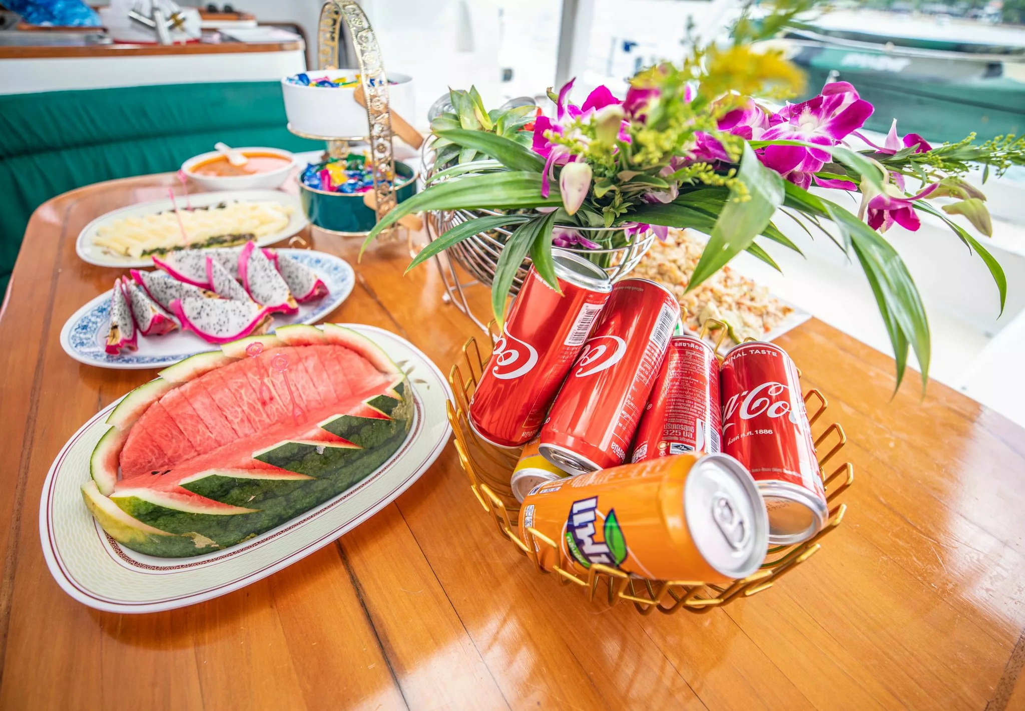 image showing our free soft drinks and fruits for every luxury charter in samui