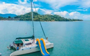 image showing slide and activities on a family friendly slider catamaran charter koh samui thailand