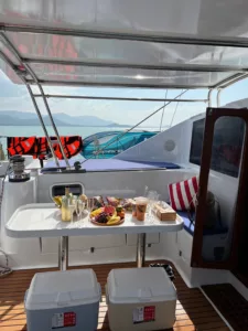 image showing refreshments ready to enjoy on our slider catamaran 43 luxury charter on koh samui, thailand